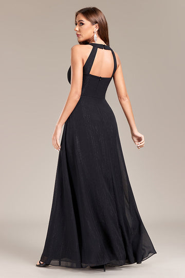 Black A Line Halter Long Ball Dress with Open Back